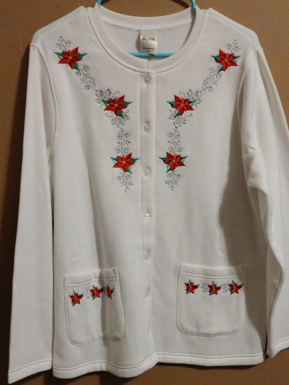 New Blair White Cardigan with Red Poinsettia Embroidery